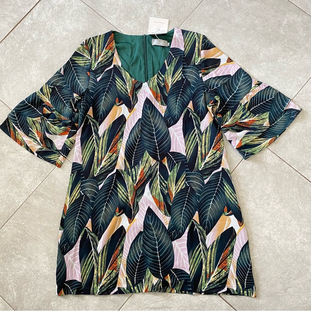 Belongsi Tropical Palm Leaf Print Dress Size L NWT